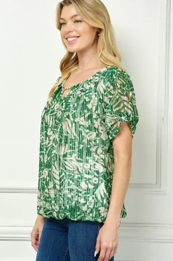 Ruched Sleeve Cutout Neck Bubble Blouse in Olive/Tan/Cream