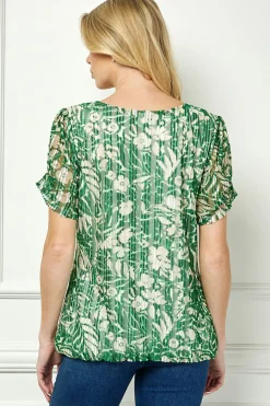 Ruched Sleeve Cutout Neck Bubble Blouse in Olive/Tan/Cream
