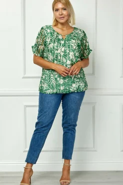 Ruched Sleeve Cutout Neck Bubble Blouse in Olive/Tan/Cream - Plus