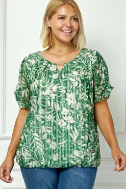 Ruched Sleeve Cutout Neck Bubble Blouse in Olive/Tan/Cream - Plus