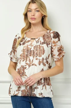 Ruched Sleeve Cutout Neck Bubble Blouse in Ivory/Brown/Tan