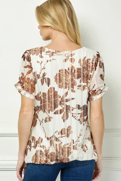 Ruched Sleeve Cutout Neck Bubble Blouse in Ivory/Brown/Tan