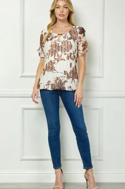 Ruched Sleeve Cutout Neck Bubble Blouse in Ivory/Brown/Tan