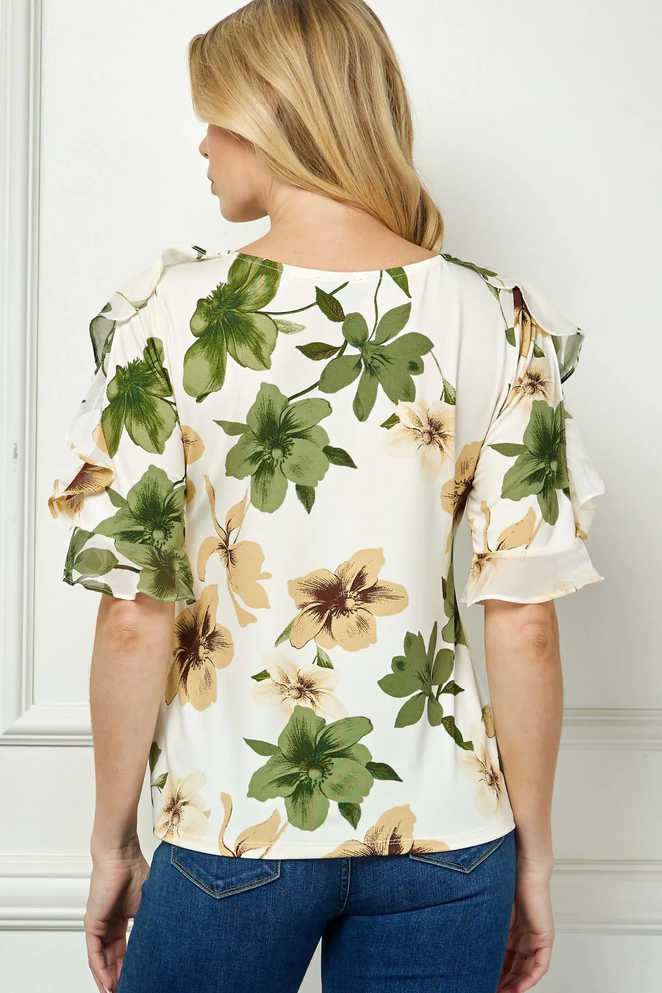 Ruffle Cold Shoulder Boat Neck Blouse in Cream/Green/Brown