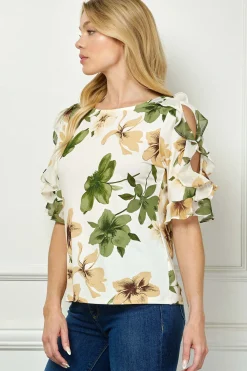 Ruffle Cold Shoulder Boat Neck Blouse in Cream/Green/Brown