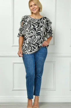Ruffle Cold Shoulder Boat Neck Blouse in Cream/Black - Plus