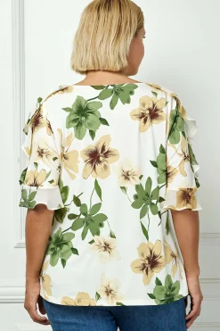 Ruffle Cold Shoulder Boat Neck Blouse in Cream/Green/Brown - Plus