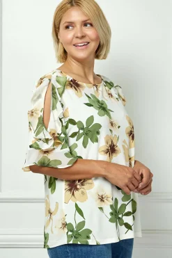 Ruffle Cold Shoulder Boat Neck Blouse in Cream/Green/Brown - Plus