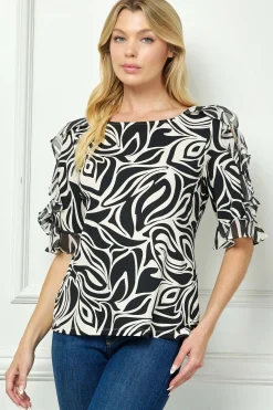 Ruffle Cold Shoulder Boat Neck Blouse in Cream/Black