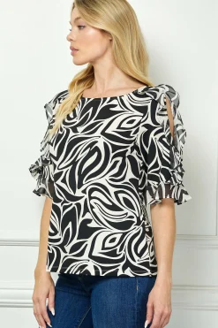 Ruffle Cold Shoulder Boat Neck Blouse in Cream/Black