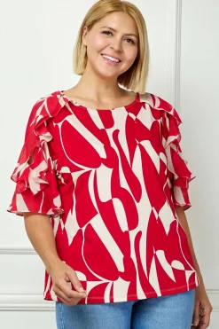 Ruffle Cold Shoulder Boat Neck Blouse in Red/Tan - Plus