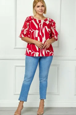 Ruffle Cold Shoulder Boat Neck Blouse in Red/Tan - Plus