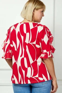 Ruffle Cold Shoulder Boat Neck Blouse in Red/Tan - Plus