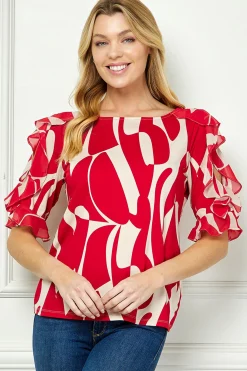 Ruffle Cold Shoulder Boat Neck Blouse in Red/Tan