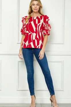 Ruffle Cold Shoulder Boat Neck Blouse in Red/Tan