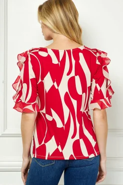 Ruffle Cold Shoulder Boat Neck Blouse in Red/Tan