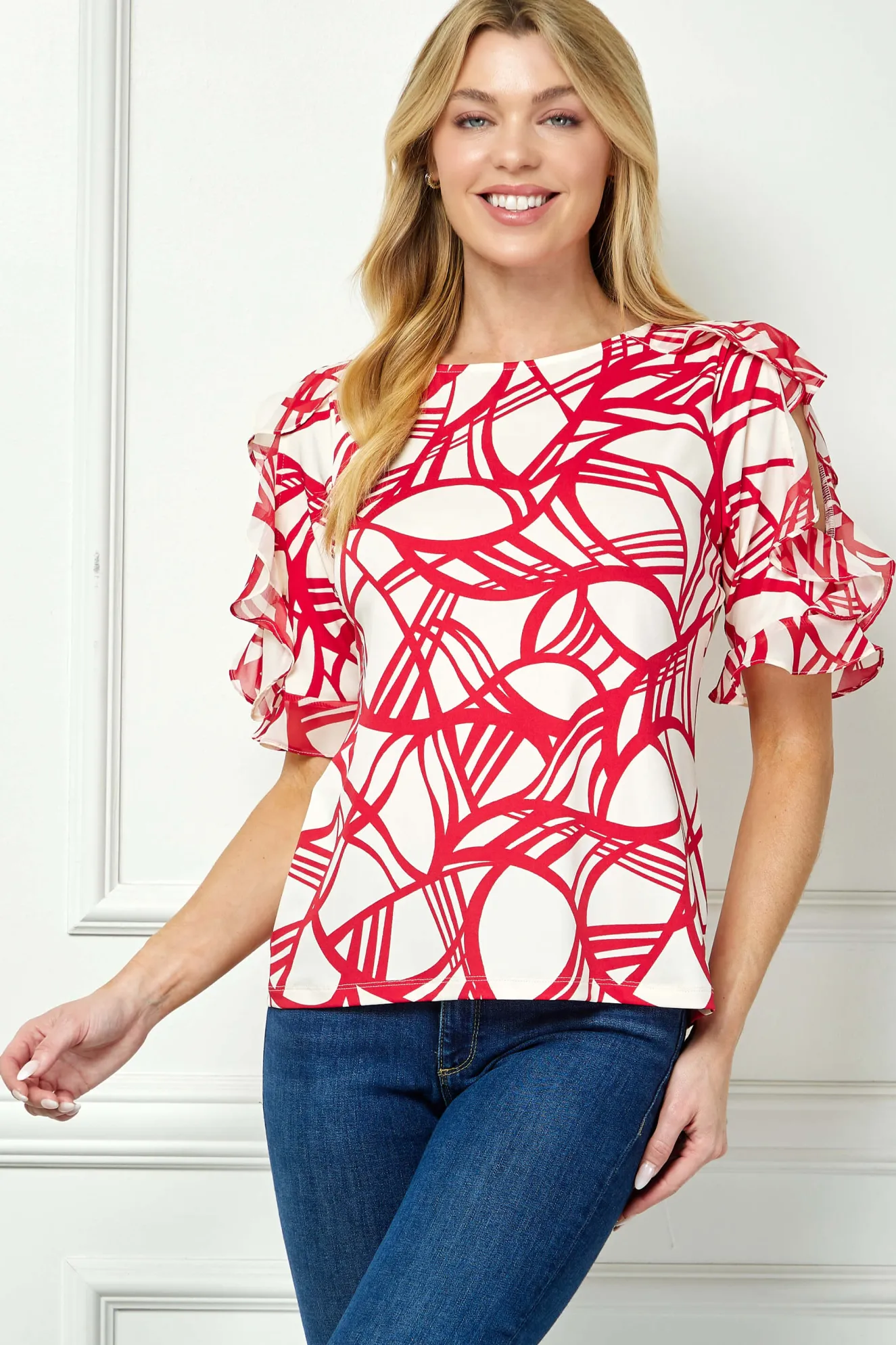 Ruffle Cold Shoulder Boat Neck Blouse in Cream/Red