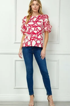 Ruffle Cold Shoulder Boat Neck Blouse in Cream/Red