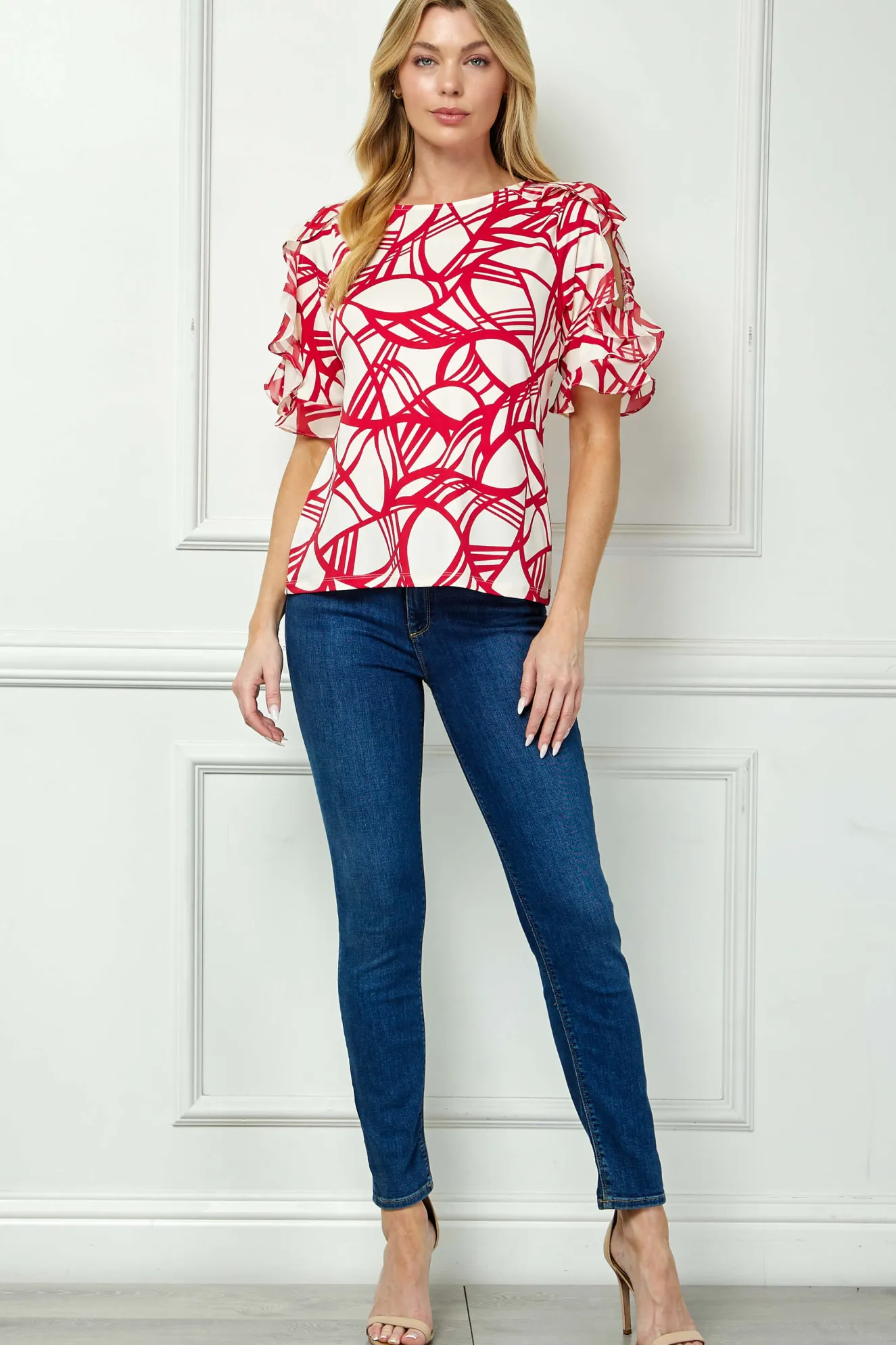 Ruffle Cold Shoulder Boat Neck Blouse in Cream/Red
