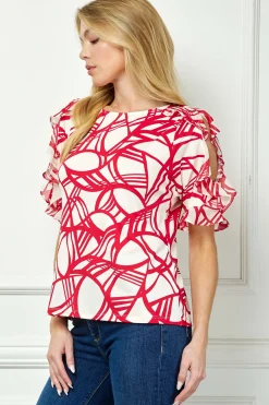 Ruffle Cold Shoulder Boat Neck Blouse in Cream/Red