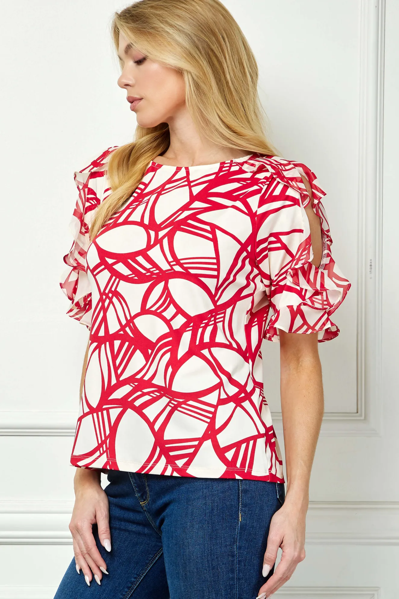 Ruffle Cold Shoulder Boat Neck Blouse in Cream/Red