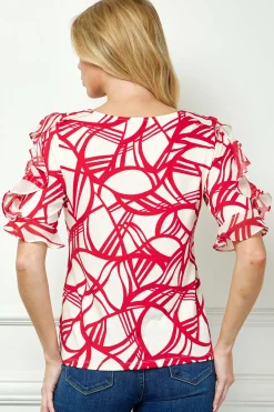 Ruffle Cold Shoulder Boat Neck Blouse in Cream/Red