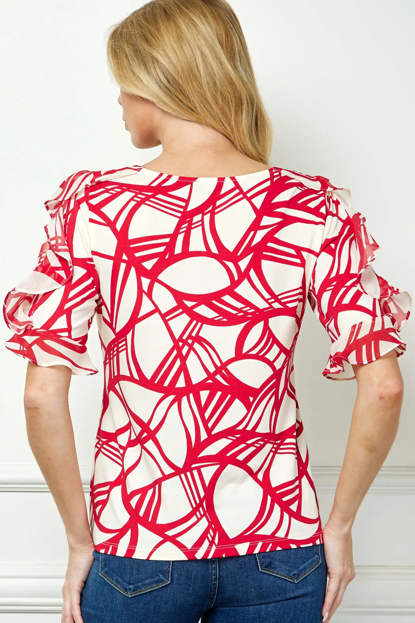 Ruffle Cold Shoulder Boat Neck Blouse in Cream/Red