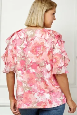 Ruffle Cold Shoulder Scoop Neck Blouse - Plus - Pink