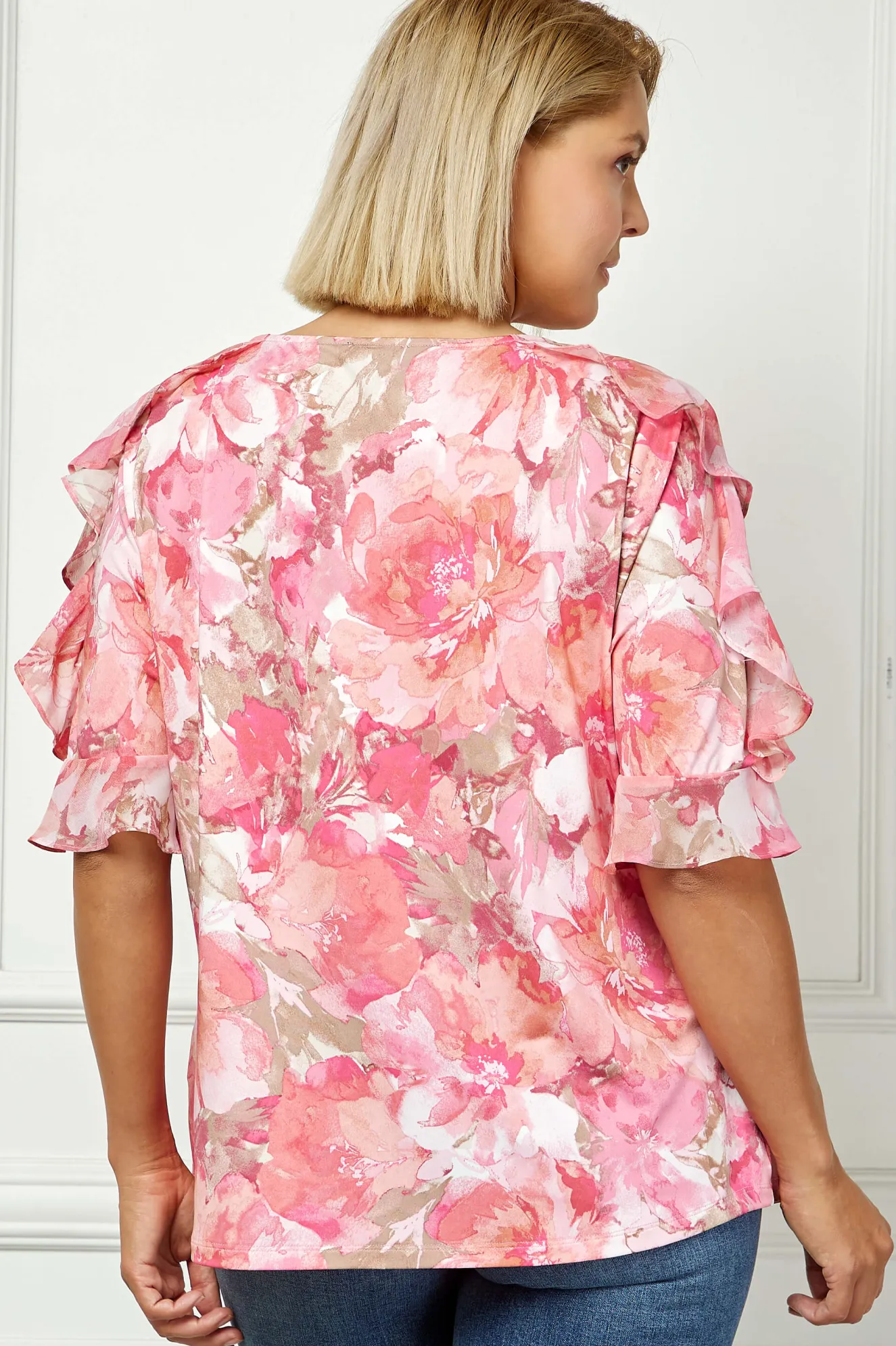 Ruffle Cold Shoulder Scoop Neck Blouse - Plus - Pink