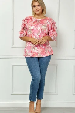 Ruffle Cold Shoulder Scoop Neck Blouse - Plus - Pink