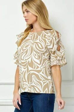 Ruffle Cold Shoulder Scoop Neck Blouse - Beige