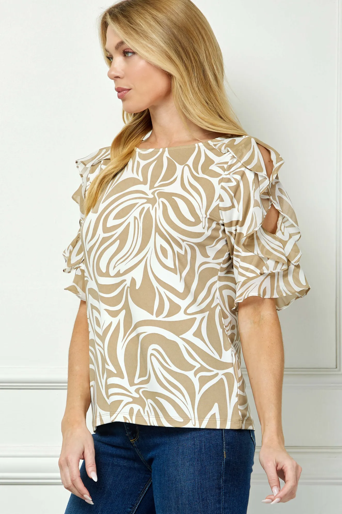 Ruffle Cold Shoulder Scoop Neck Blouse - Beige