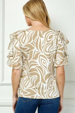 Ruffle Cold Shoulder Scoop Neck Blouse - Beige