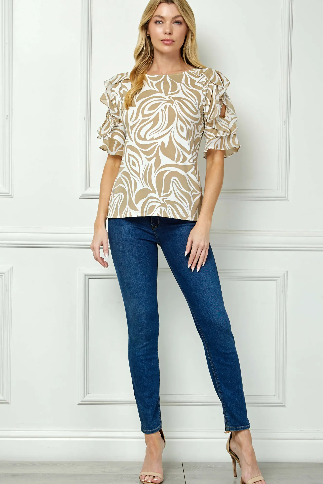 Ruffle Cold Shoulder Scoop Neck Blouse - Beige