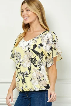 Ruffle Cold Shoulder V-Neck Blouse - Yellow
