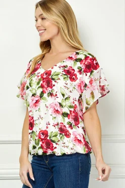 Ruffle Cold Shoulder V-Neck Blouse - Ivory/Red