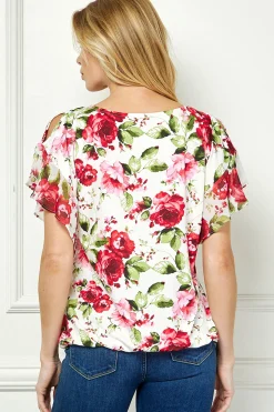 Ruffle Cold Shoulder V-Neck Blouse - Ivory/Red