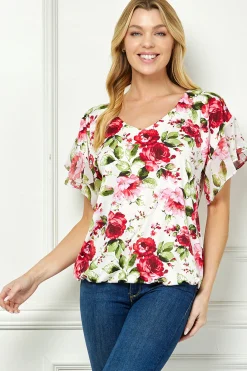 Ruffle Cold Shoulder V-Neck Blouse - Ivory/Red