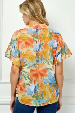 Ruffle Sleeve Button-Front Blouse in Sage/Coral/Yellow