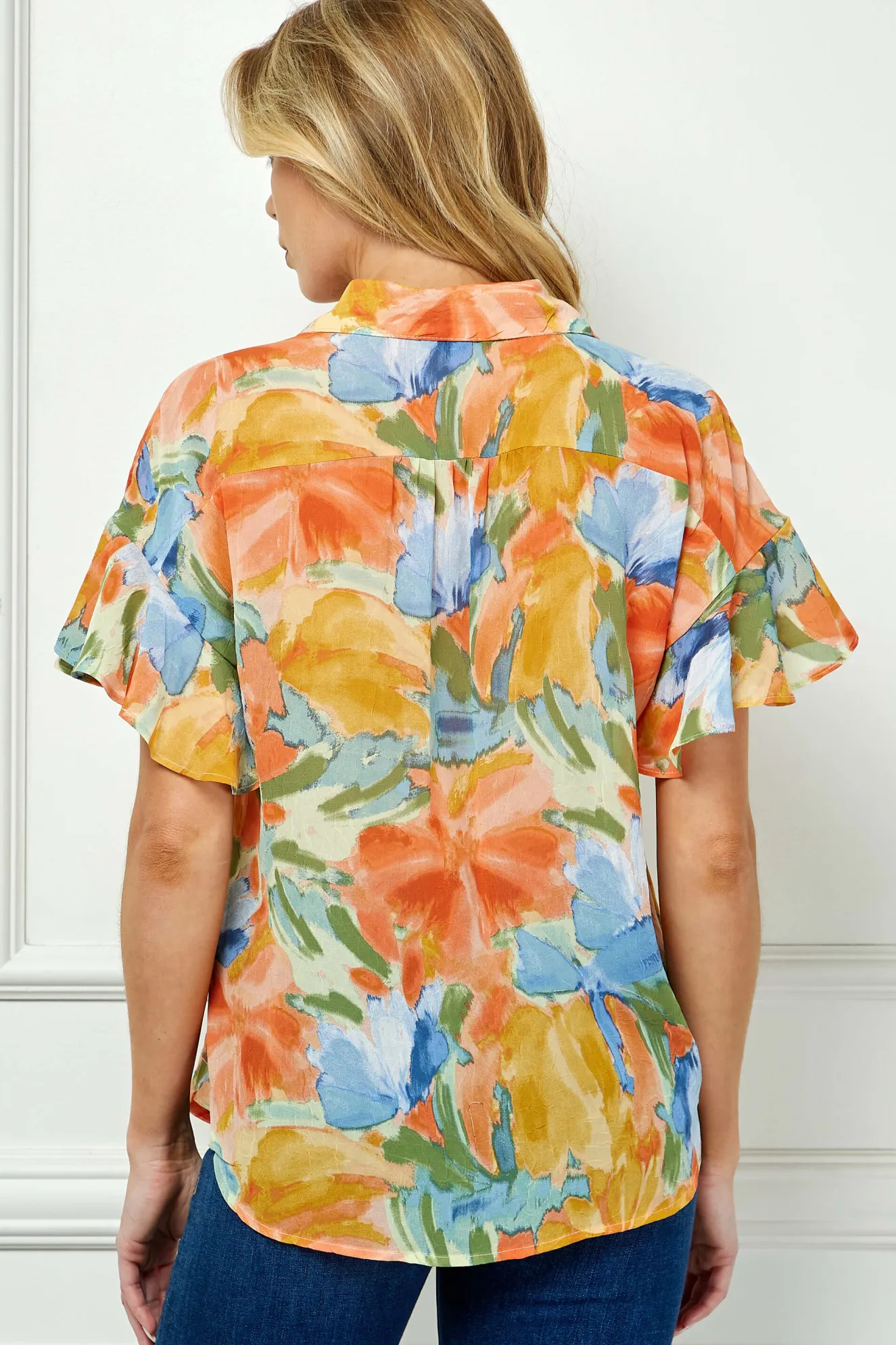 Ruffle Sleeve Button-Front Blouse in Sage/Coral/Yellow