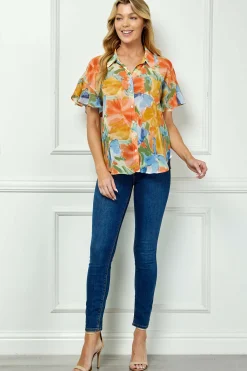 Ruffle Sleeve Button-Front Blouse in Sage/Coral/Yellow