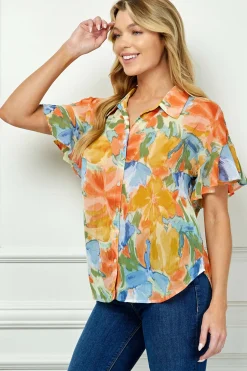 Ruffle Sleeve Button-Front Blouse in Sage/Coral/Yellow