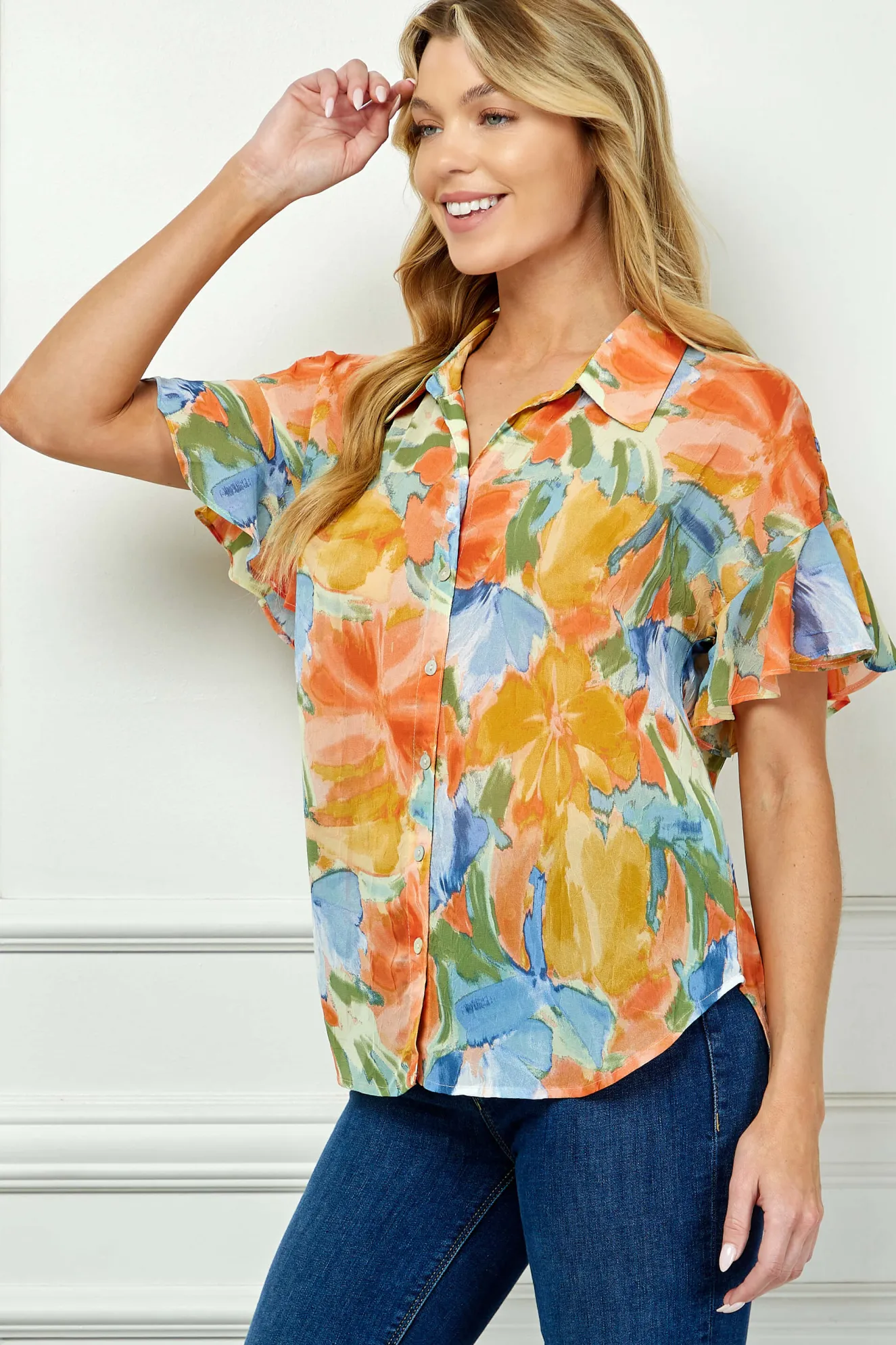 Ruffle Sleeve Button-Front Blouse in Sage/Coral/Yellow