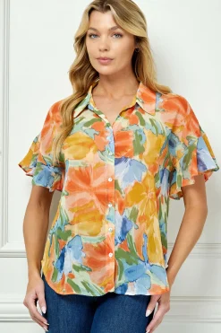 Ruffle Sleeve Button-Front Blouse in Sage/Coral/Yellow