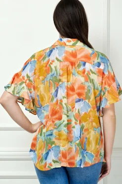 Ruffle Sleeve Button-Front Blouse in Sage/Coral/Yellow - Plus