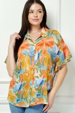 Ruffle Sleeve Button-Front Blouse in Sage/Coral/Yellow - Plus