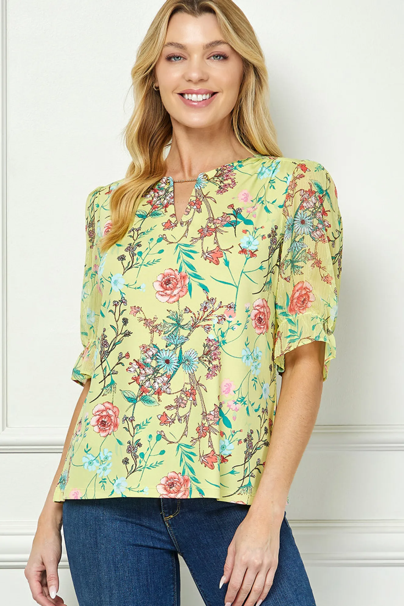 Ruffle Sleeve Chain Trim Cutout Neck Blouse in Yellow