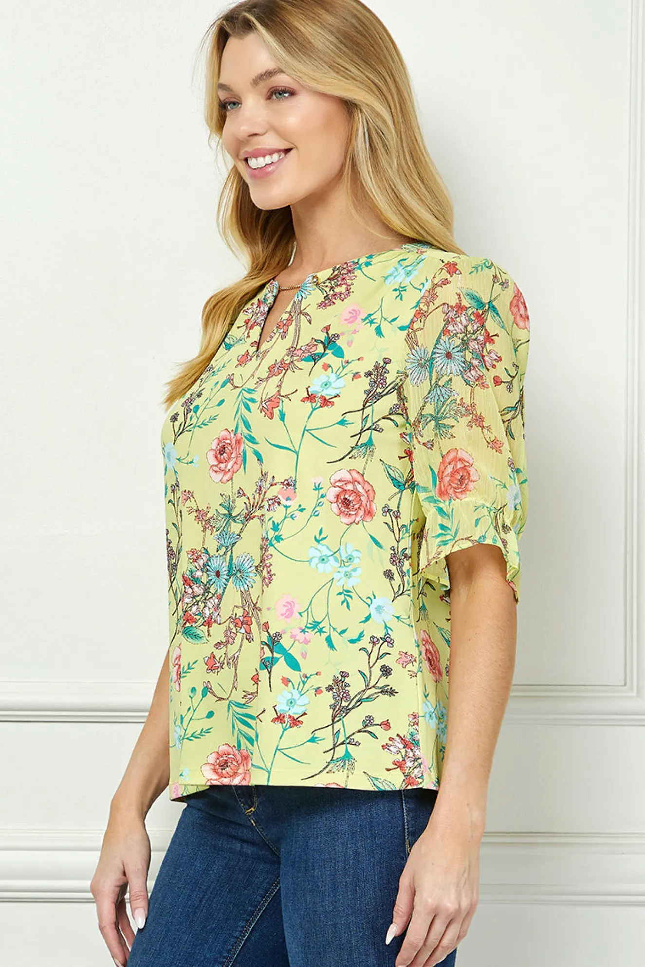 Ruffle Sleeve Chain Trim Cutout Neck Blouse in Yellow