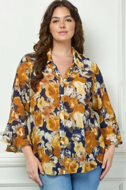 3/4 Ruffle Sleeve Swing Blouse in Navy/Gold - Plus