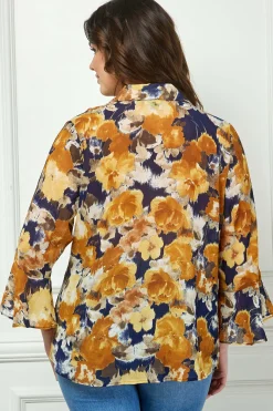 3/4 Ruffle Sleeve Swing Blouse in Navy/Gold - Plus